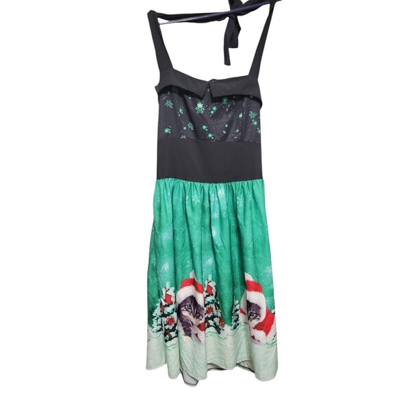 Christmas Holiday Santa Cat Dress Medium Black Halter Silky Fit & Flair C24 - Picture 2 of 11